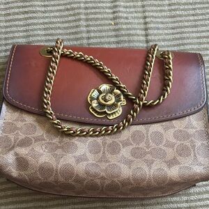 Coach Brown and Tan Monogram Shoulder Bag with Gold Chain
